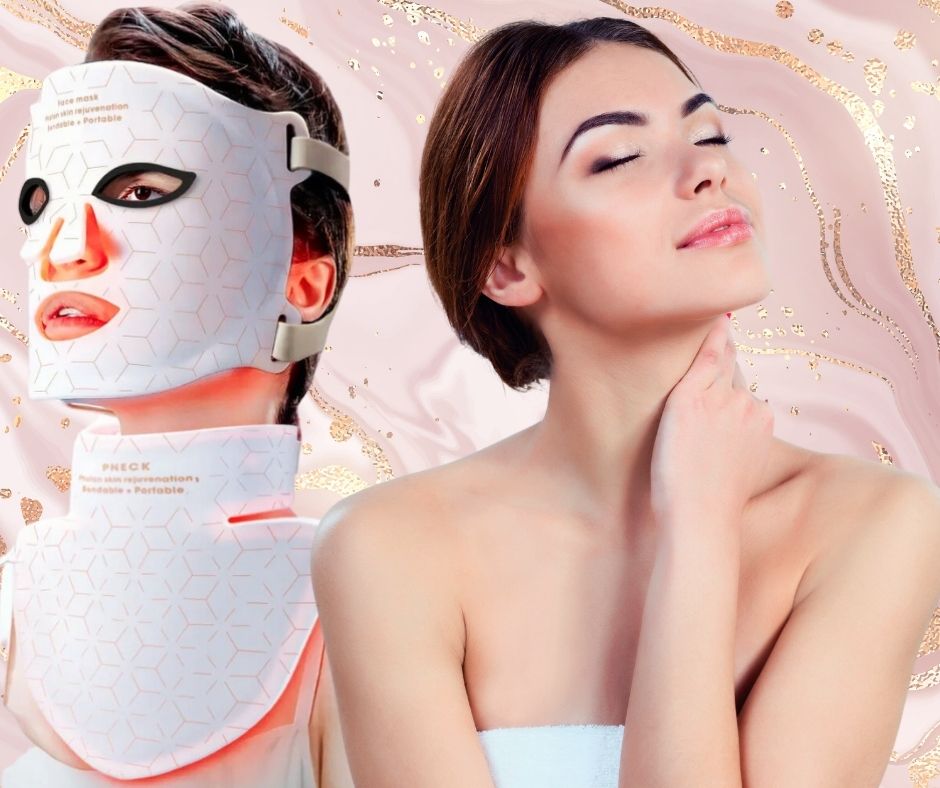 Satisfied woman with flawless skin wearing the Pristine Mornings™ FDA Cleared LED Light Therapy Mask